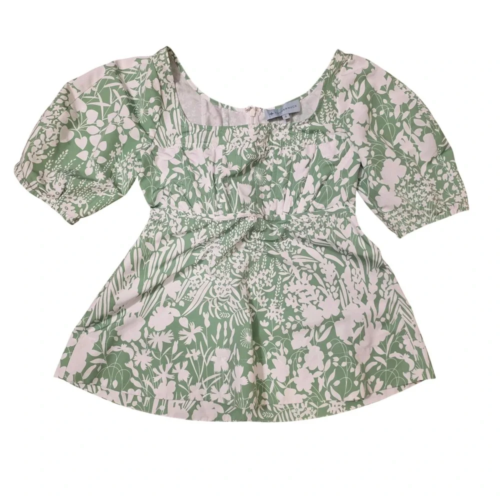 Tuckernuck Green White Floral Puff Sleeve Peplum Blouse‎ Top Small